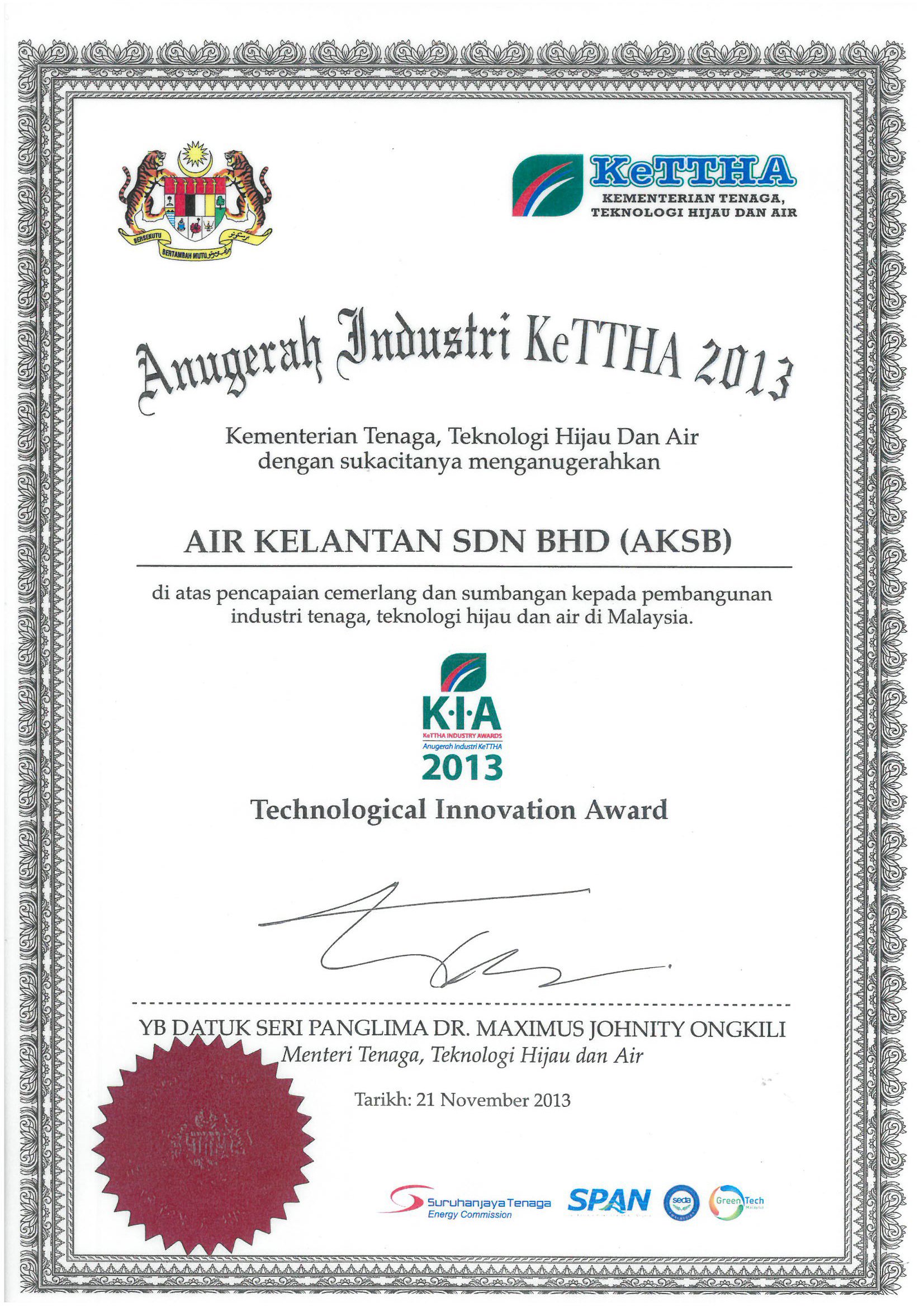 Sijil Penghargaan - Air Kelantan Sdn. Bhd. (AKSB)